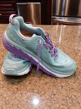 Hoka Women's Light Blue Running Shoes with Purple Laces